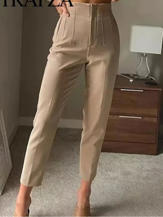 TRAFZA 2024 Woman Solid Trouser High Waist Slim Zipper Fly Long Pants Female Wild Commute Office Lady Woman Pencil Pant Street FitiqueFit