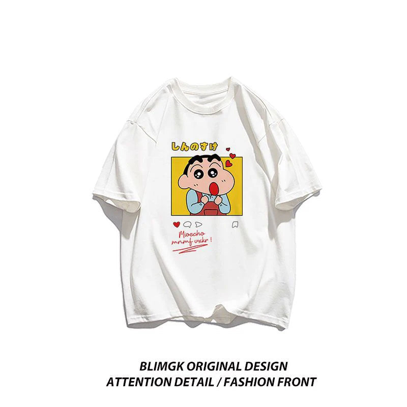 Crayo.n Shin Chan Sees His Beloved Woman Tee Clothing Cotton Fitting T Shirt Anime Shoulder Drop T-Shirt Outdoor Pleasure Tops FitiqueFit