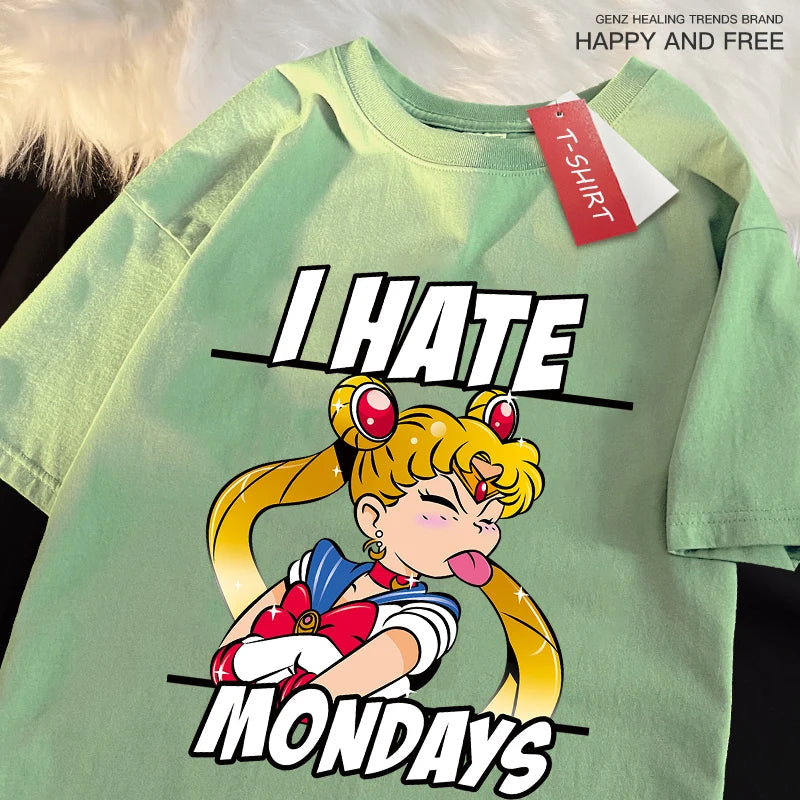 Sailor Moon'S Tongue Sticking Out Is Funny T Shirts Women Shoulder Drop Leisure T Shirt Cotton T-Shirts Youth Holiday Tops FitiqueFit