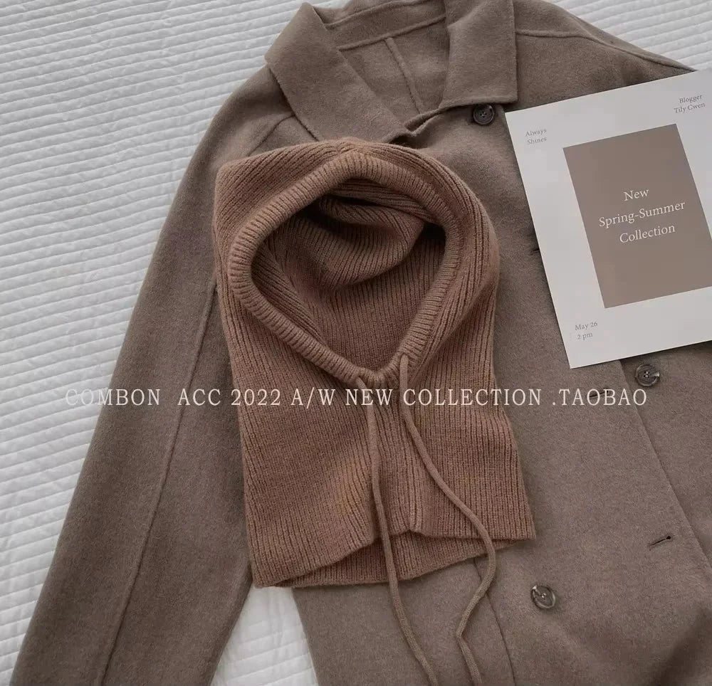 Knitted Hooded Caps Winter Balaclava Hats Women Korean Style Outdoor Warmer Drawstring Hats One-piece Neck Collar Beanies Cap FitiqueFit