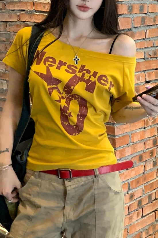 1pcs Summer Women Basic Model Letter Print T-Shirt Lady Short-Sleeved Skew Collar t-Shirt Female Street Style Sexy Slim Fit Tee FitiqueFit
