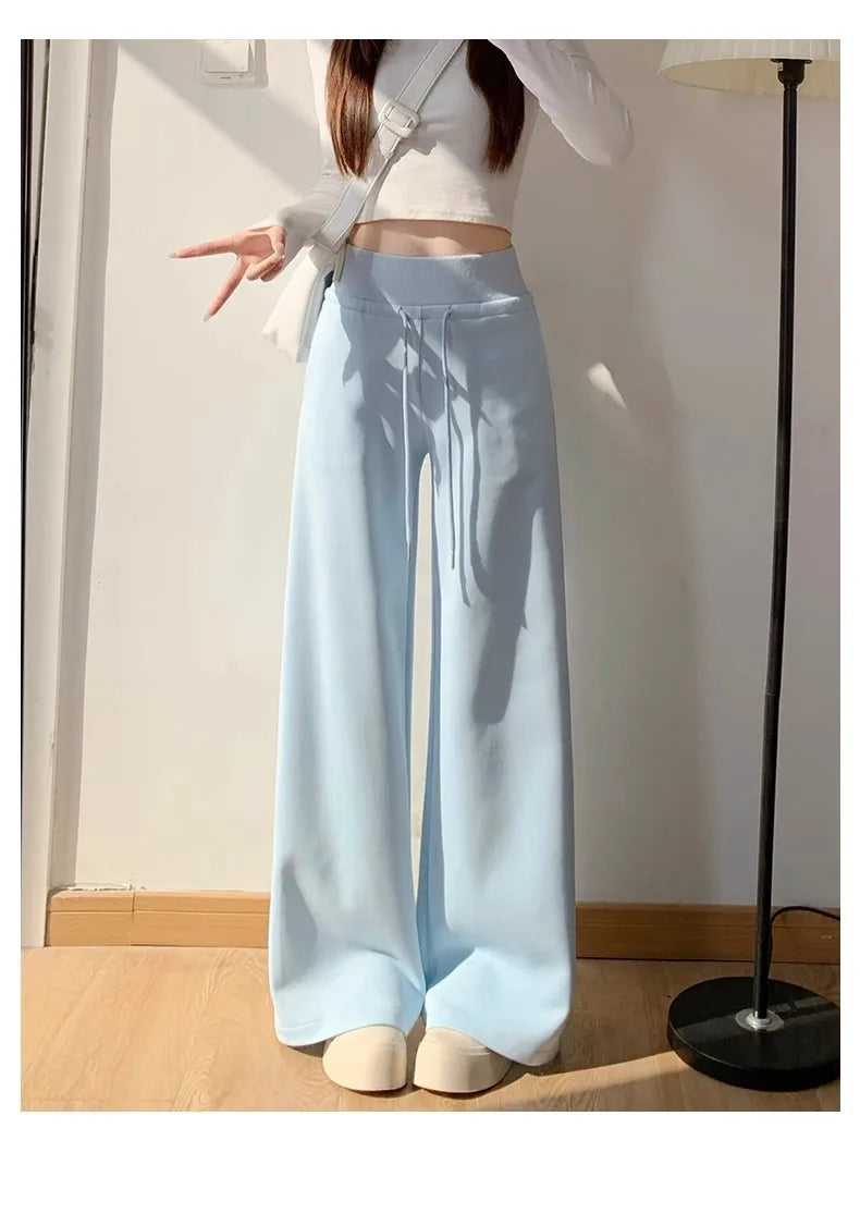 Women's gray sports high waist hanging loose slimming straight leg wide leg pants American sweatpants. 
