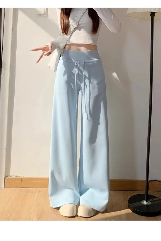 Women's gray sports high waist hanging loose slimming straight leg wide leg pants American sweatpants. 