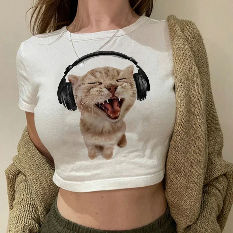Women's T-shirt with cat pattern top and shorts cut Ulzzang T-shirt 90s Gothic women's T-shirt FitiqueFit