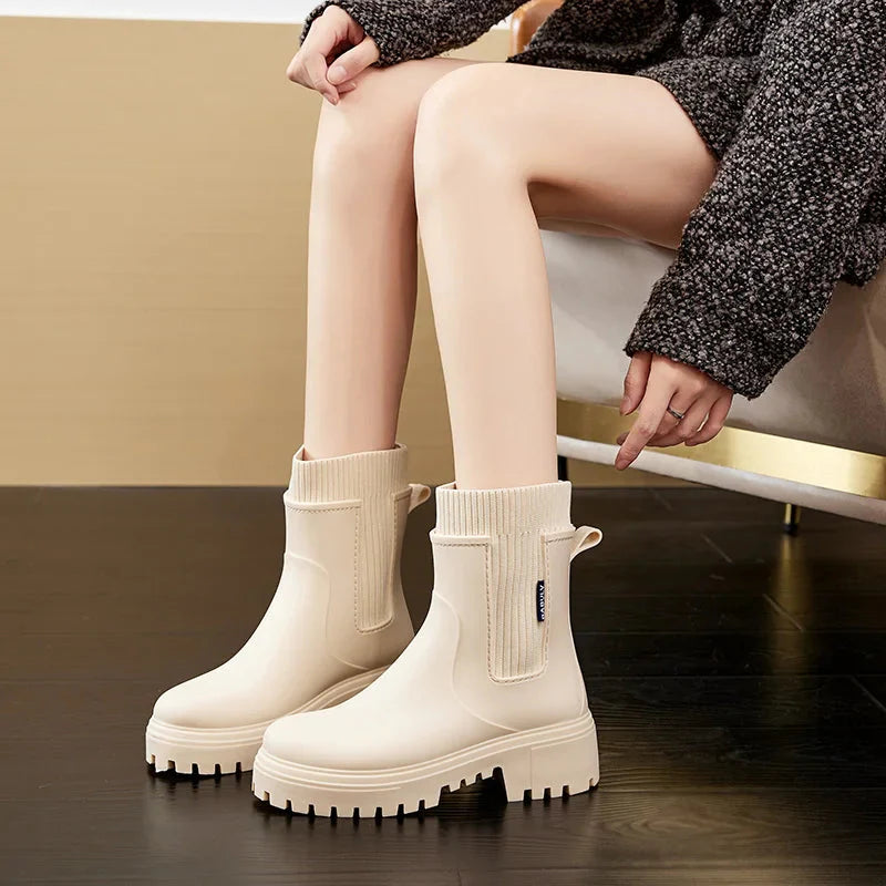 Rain boots women's four seasons fashion outdoor mid-tube waterproof non-slip rubber shoes fashion rain boots with cotton cover 