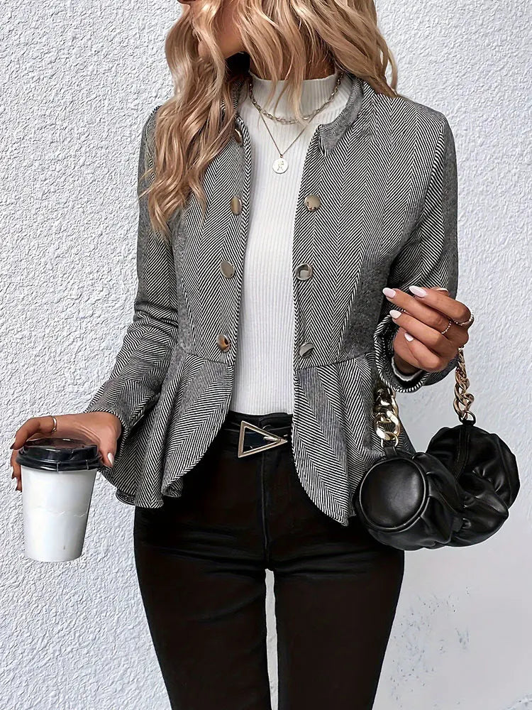 Plus Size Solid Color Peplum Jacket, Casual Button Front Long Sleeve Outerwear, Women's Plus Size Clothing 