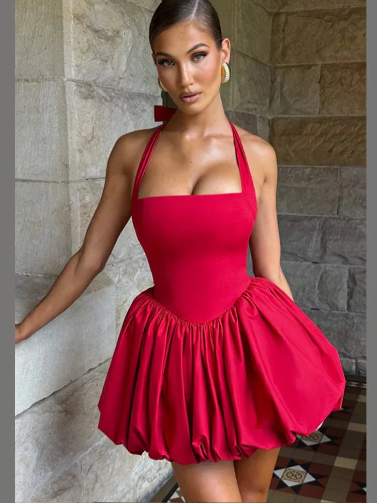 Vintage Pink Corset Puffball Hem Mini Dress Women's Elegant Halter Pleated High Waist Gowns New Lady Party Club Vestidos Summer FitiqueFit