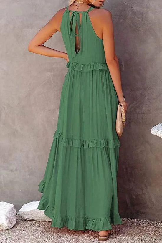 Elegant Women's Apricot Ruffle Edge Long Mop Floor Dresses Summer Fashion Hanging Neck Sleeveless Lace Cake Dress vestiods S-3XL FitiqueFit