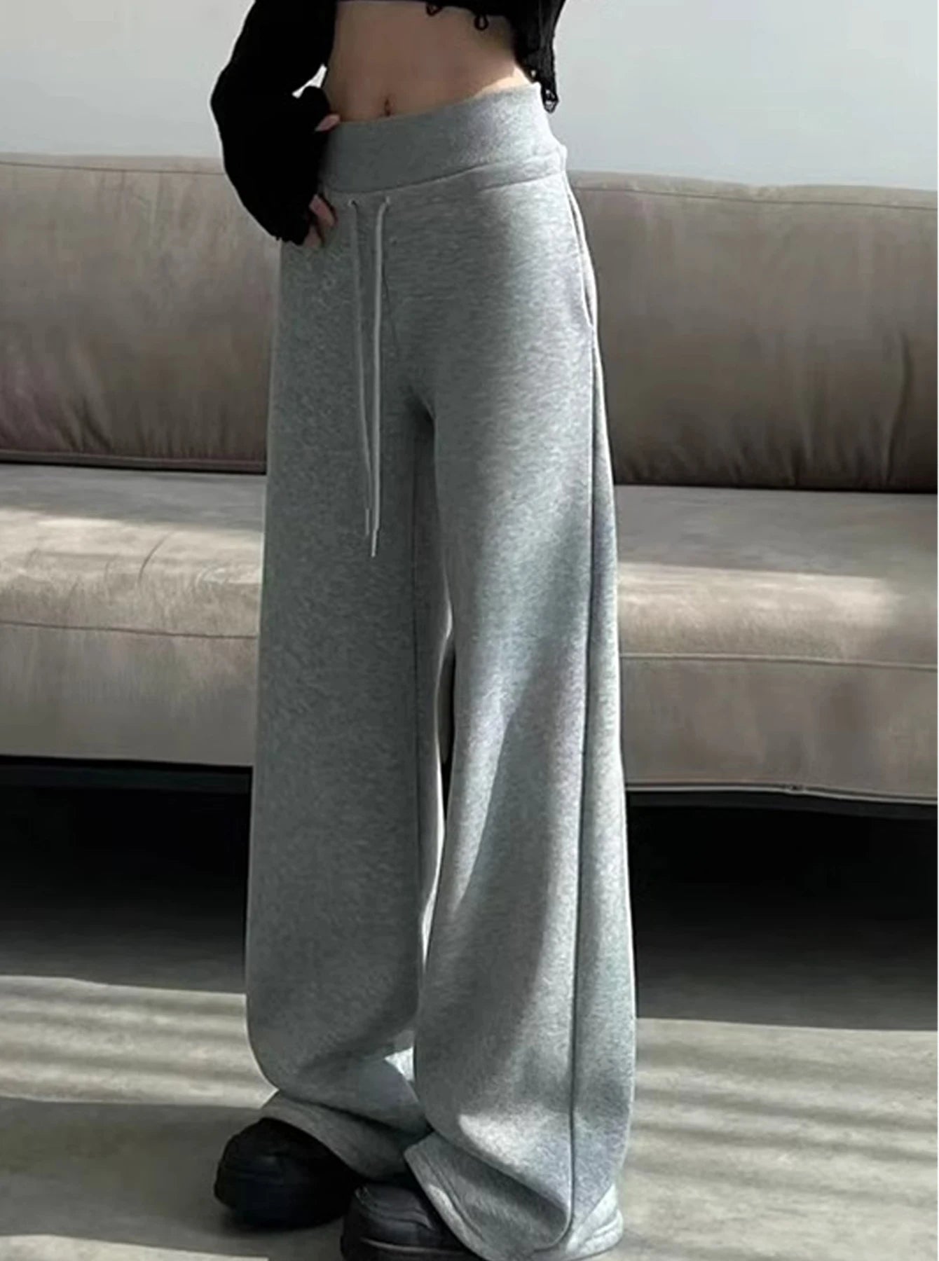 Women's gray sports high waist hanging loose slimming straight leg wide leg pants American sweatpants. 