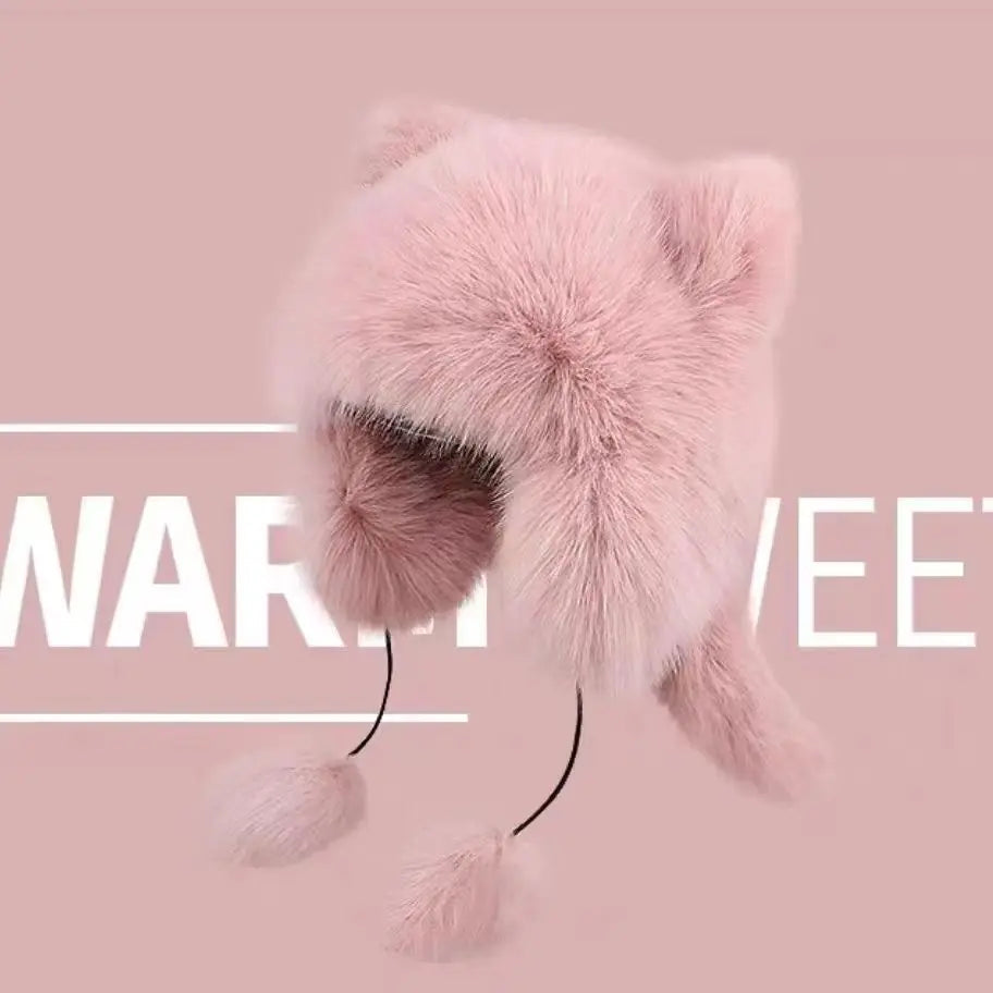 Autumn and Winter imitation fox fur Lei Feng cap with cute cat ear design, thickened warm ear-protecting raccoon cap, plush hat 