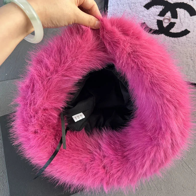 2025 Fluffy Faux Fur Bucket Hats Women Faux Fox Warm Thick Plush Winter Hat Lady Fashion Luxury Panama Furry Fisherman Cap Y2k 