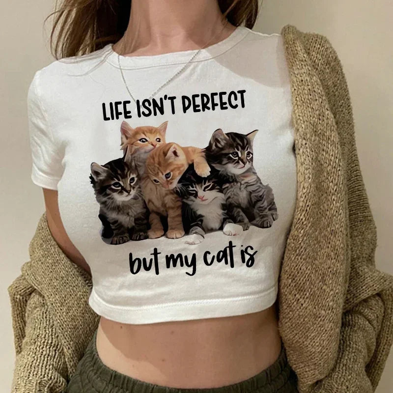 Women's T-shirt with cat pattern top and shorts cut Ulzzang T-shirt 90s Gothic women's T-shirt FitiqueFit