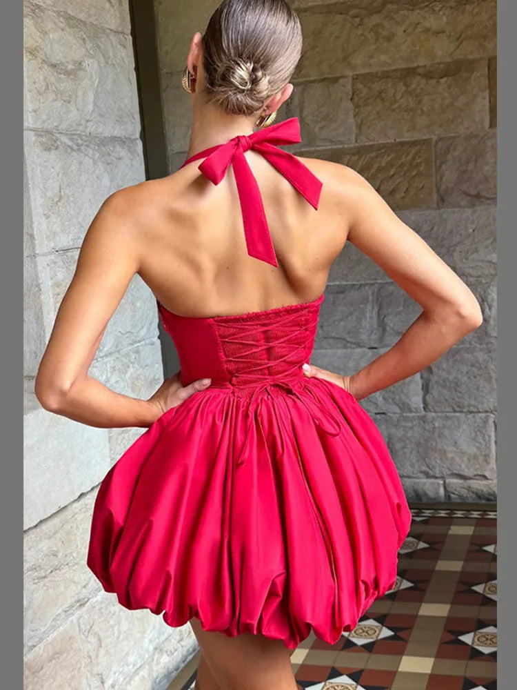Vintage Pink Corset Puffball Hem Mini Dress Women's Elegant Halter Pleated High Waist Gowns New Lady Party Club Vestidos Summer FitiqueFit