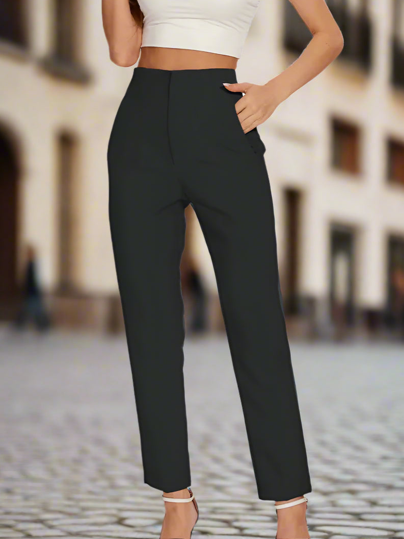 TRAFZA 2024 Woman Solid Trouser High Waist Slim Zipper Fly Long Pants Female Wild Commute Office Lady Woman Pencil Pant Street FitiqueFit