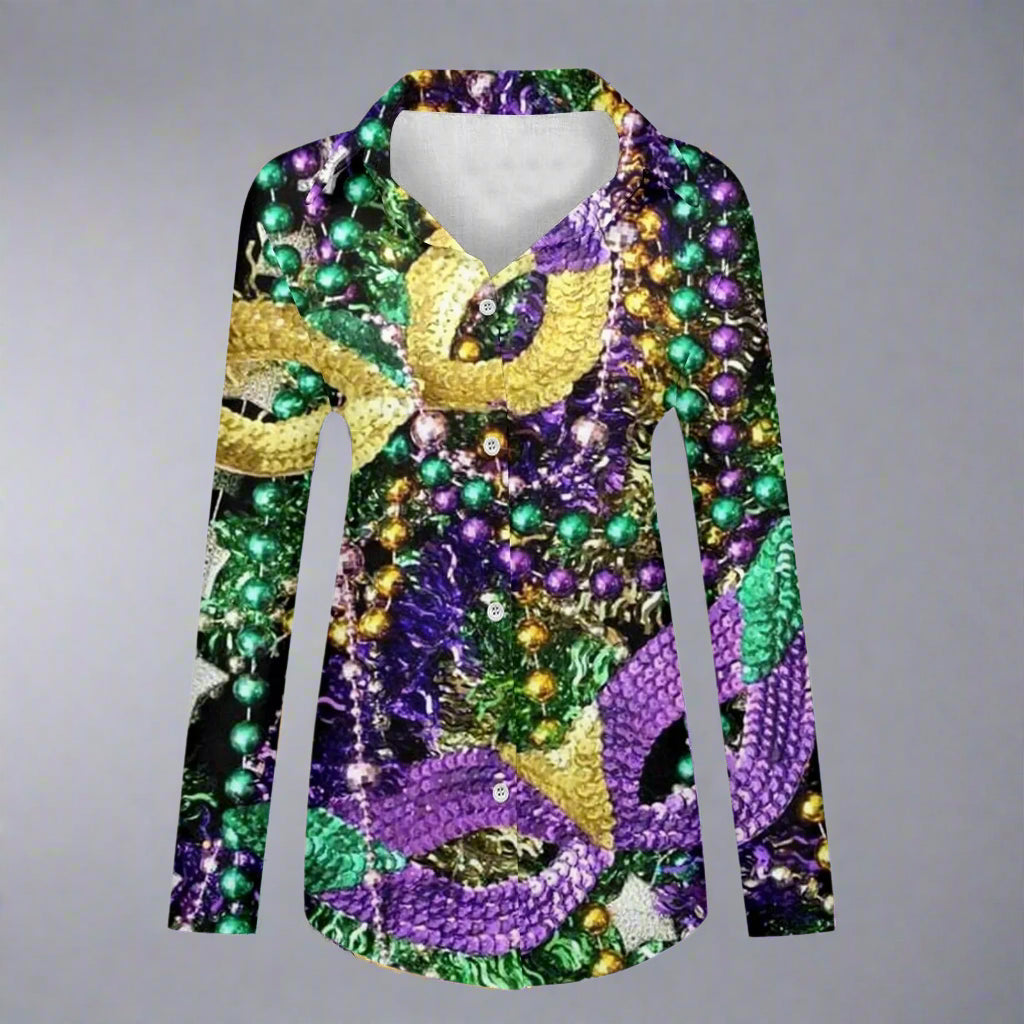 Mardi Gras Women V Neck Shirts Button Long Sleeve Carnival Print Tops Female Blouses Loose Holiday Party Shirt Streetwear FitiqueFit