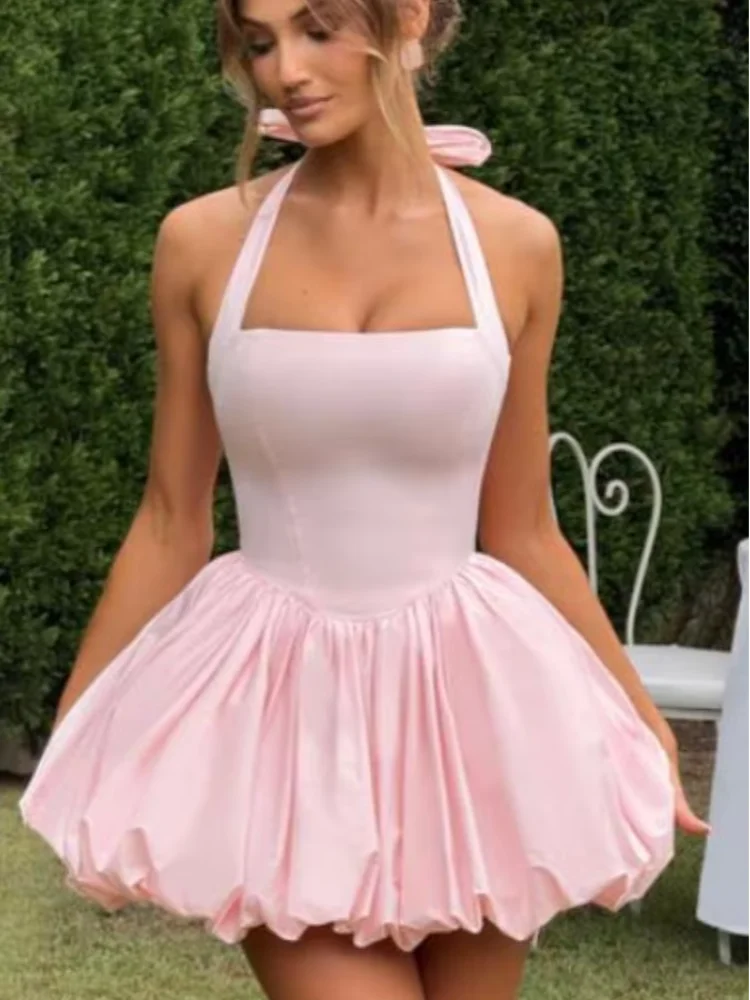 Vintage Pink Corset Puffball Hem Mini Dress Women's Elegant Halter Pleated High Waist Gowns New Lady Party Club Vestidos Summer FitiqueFit