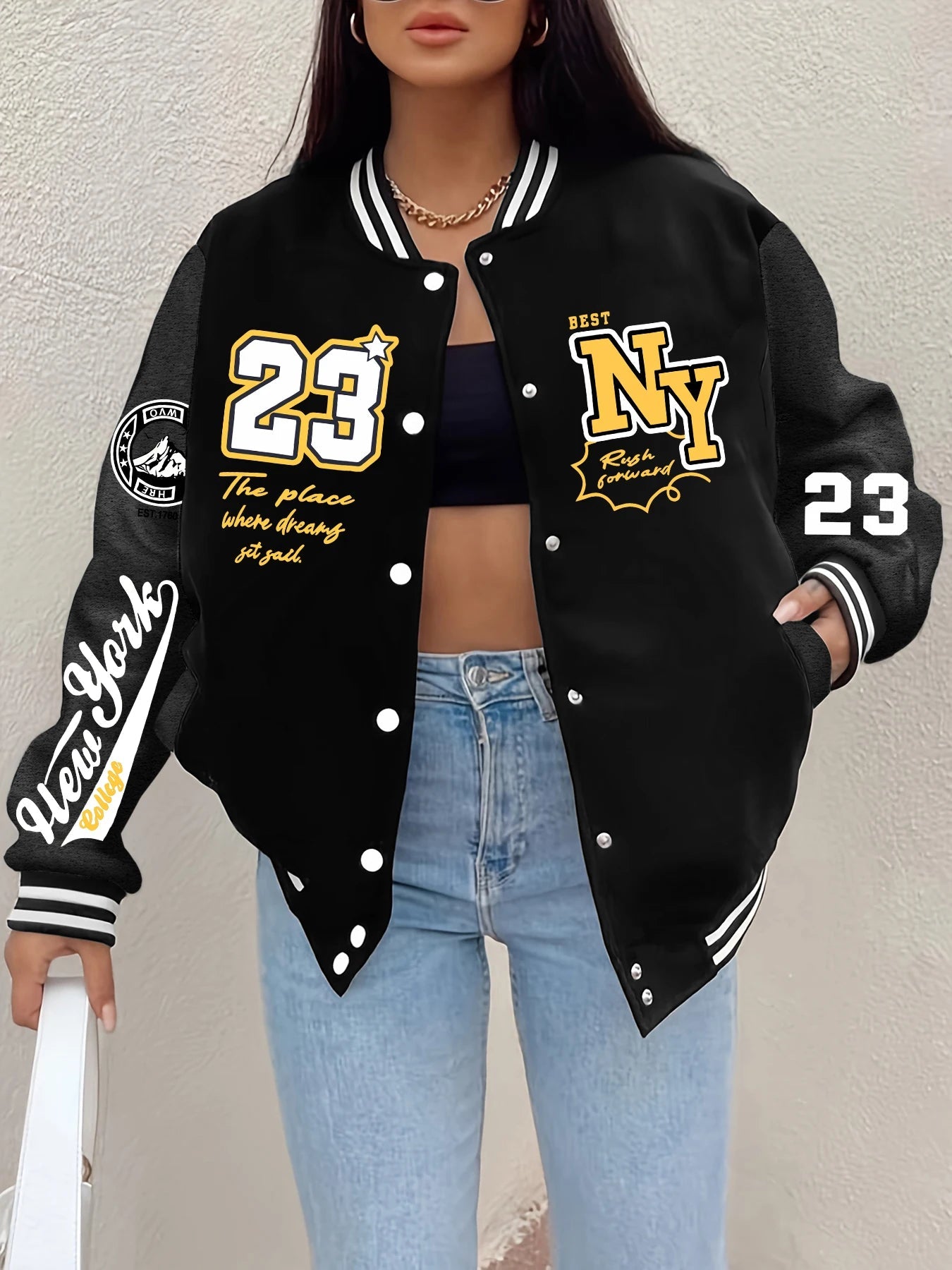 New York Art Letter 23 Printed Women Jacket Harajuku Fleece Baseball Jersey Button Personality Streetwear Vintage Loose Clothing 