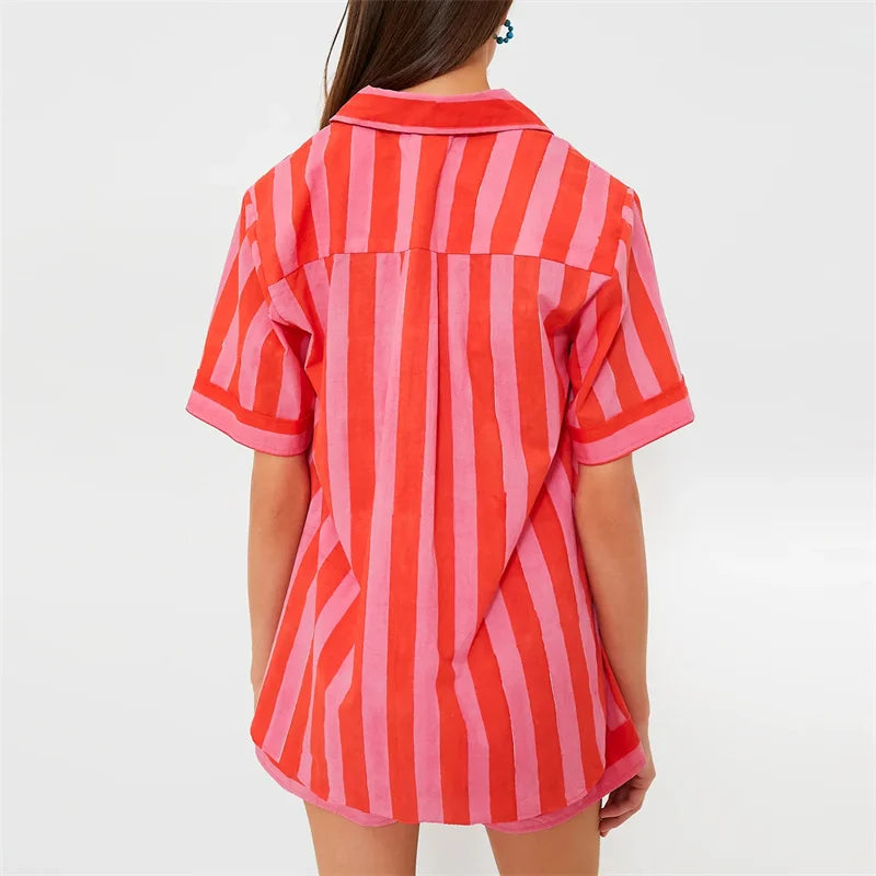 Lamuusaa 2 Piece Set Women Summer Clothes Striped Lapel Collar Single Breasted Shirt Tops and Shorts 2000s Clothing Streetwear FitiqueFit