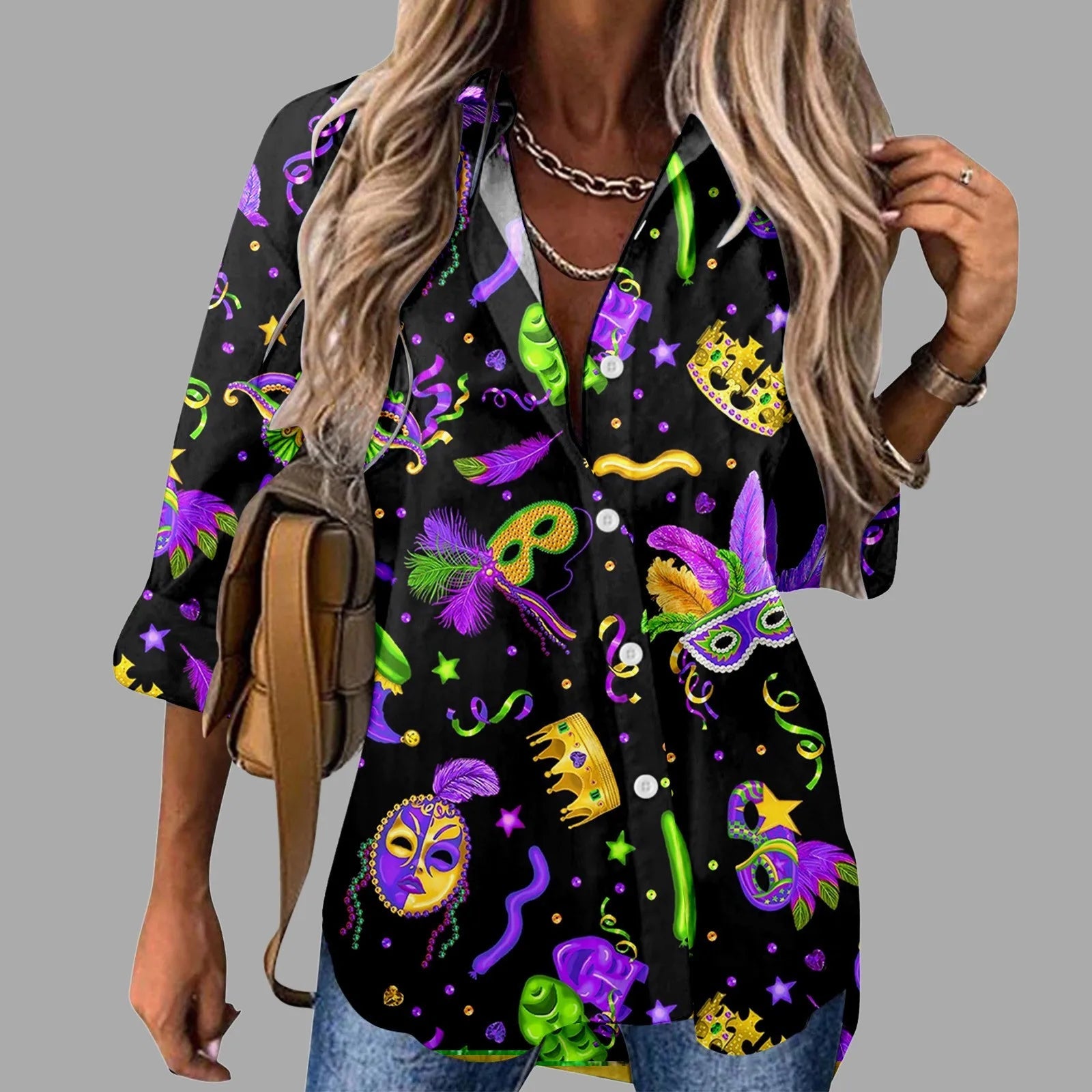 Mardi Gras Women V Neck Shirts Button Long Sleeve Carnival Print Tops Female Blouses Loose Holiday Party Shirt Streetwear FitiqueFit