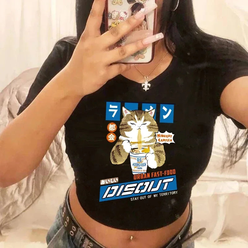 Women's T-shirt with cat pattern top and shorts cut Ulzzang T-shirt 90s Gothic women's T-shirt FitiqueFit