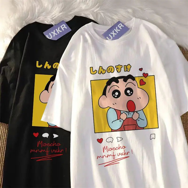 Crayo.n Shin Chan Sees His Beloved Woman Tee Clothing Cotton Fitting T Shirt Anime Shoulder Drop T-Shirt Outdoor Pleasure Tops FitiqueFit