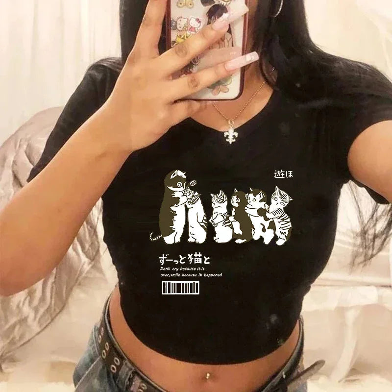 Women's T-shirt with cat pattern top and shorts cut Ulzzang T-shirt 90s Gothic women's T-shirt FitiqueFit
