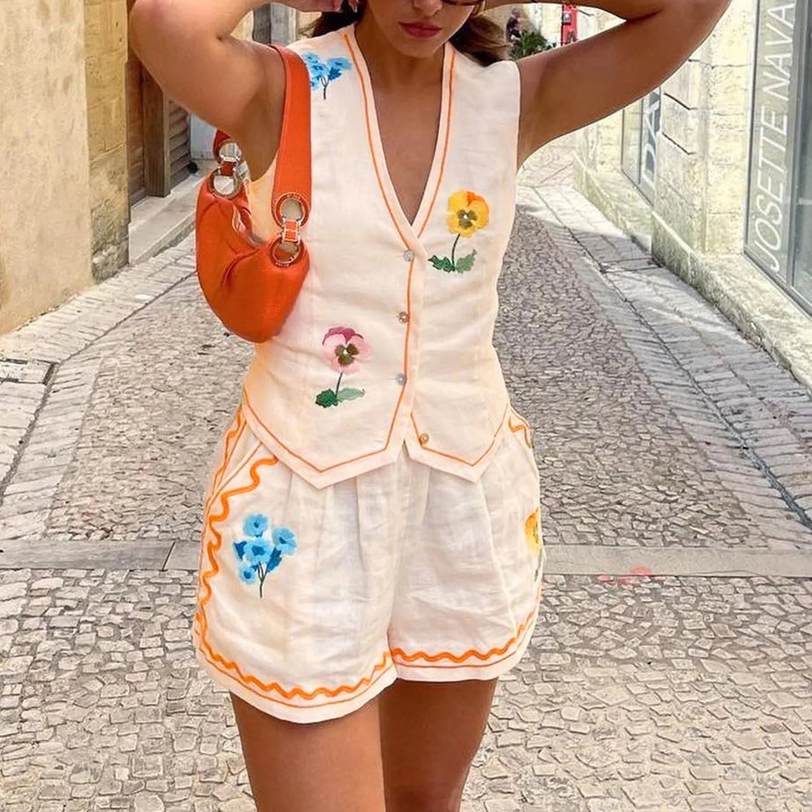 Vintage 2025 Summer Short Sets Floral Embroidery Woman 2 Piece Outfits V Neck Sleeveless Buttons Vest Top + Short Pants Suit FitiqueFit