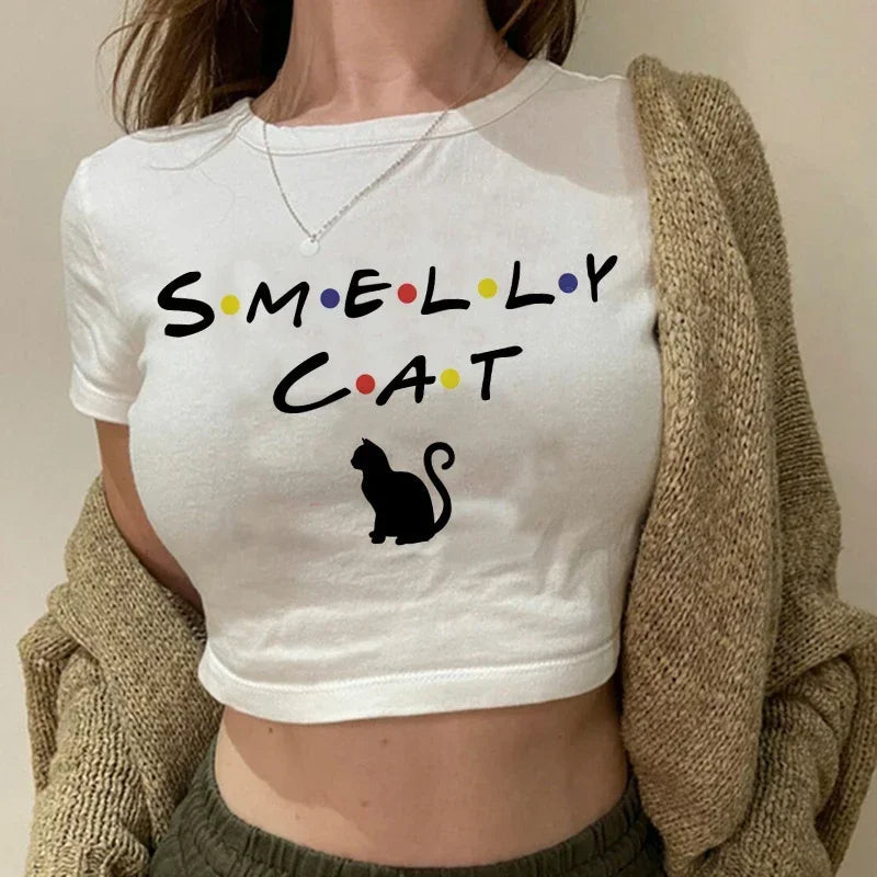 Women's T-shirt with cat pattern top and shorts cut Ulzzang T-shirt 90s Gothic women's T-shirt FitiqueFit