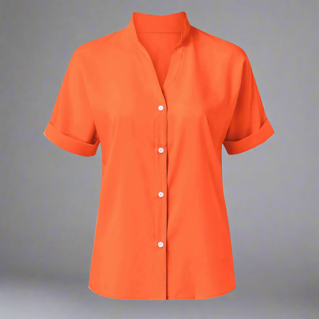 Summer Minimalist Women's V-neck Shirt 2025 Elegant Womens Satin Orange Short Sleeve Single Breasted Casual Fitting Office Shirt FitiqueFit