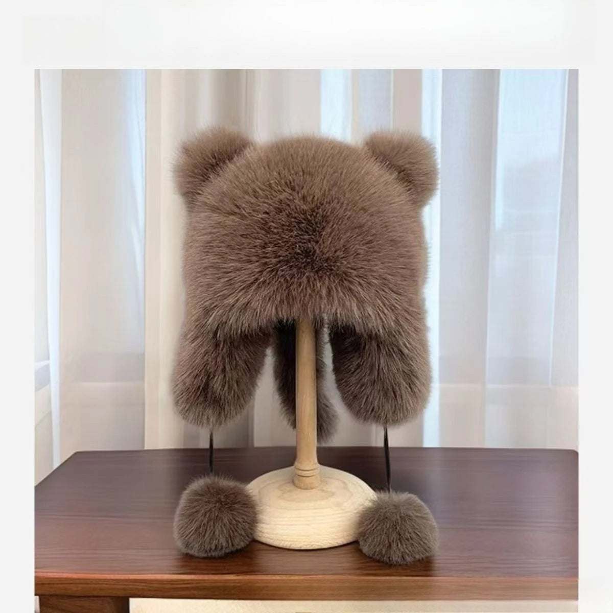 Autumn and Winter imitation fox fur Lei Feng cap with cute cat ear design, thickened warm ear-protecting raccoon cap, plush hat 