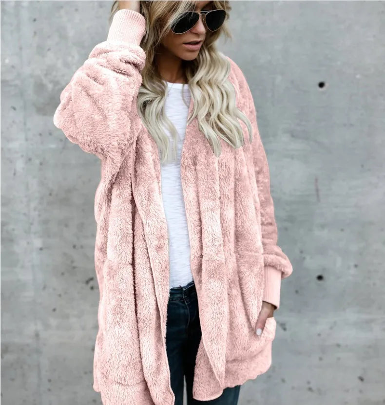 Autumn Winter Double Fleece Cardigan Jacket Women Solid Color Long Sleeve Plush Warm Hooded Lady Jacket Oversized Outerwear Coat 