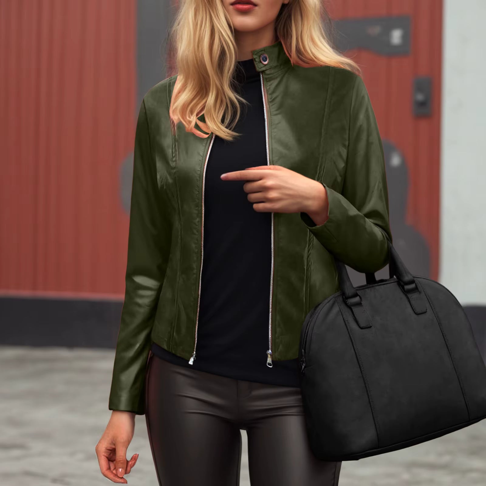 Faux Leather Jacket Women 2025 Autumn Spring Women's Moto Biker Jacket Stand Collar Zipper Solid Pu Slim Fit Street Leather Coat FitiqueFit