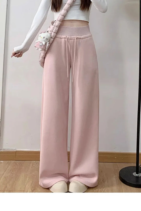 Women's gray sports high waist hanging loose slimming straight leg wide leg pants American sweatpants. 