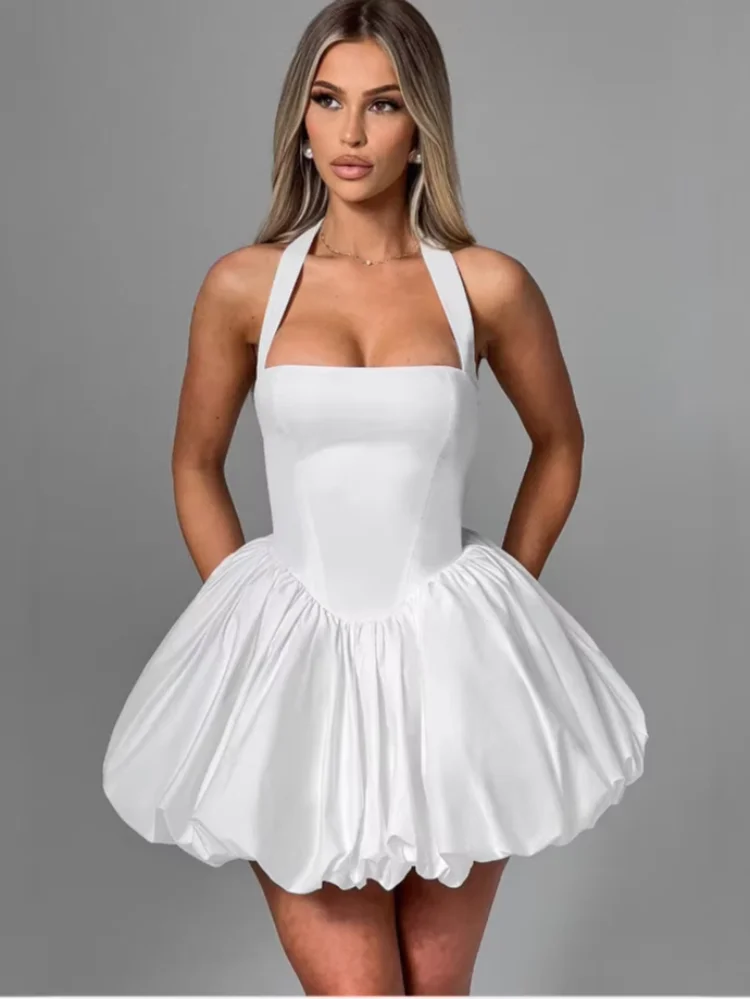 Vintage Pink Corset Puffball Hem Mini Dress Women's Elegant Halter Pleated High Waist Gowns New Lady Party Club Vestidos Summer FitiqueFit