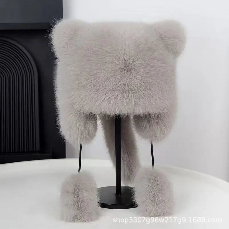 Autumn and Winter imitation fox fur Lei Feng cap with cute cat ear design, thickened warm ear-protecting raccoon cap, plush hat 