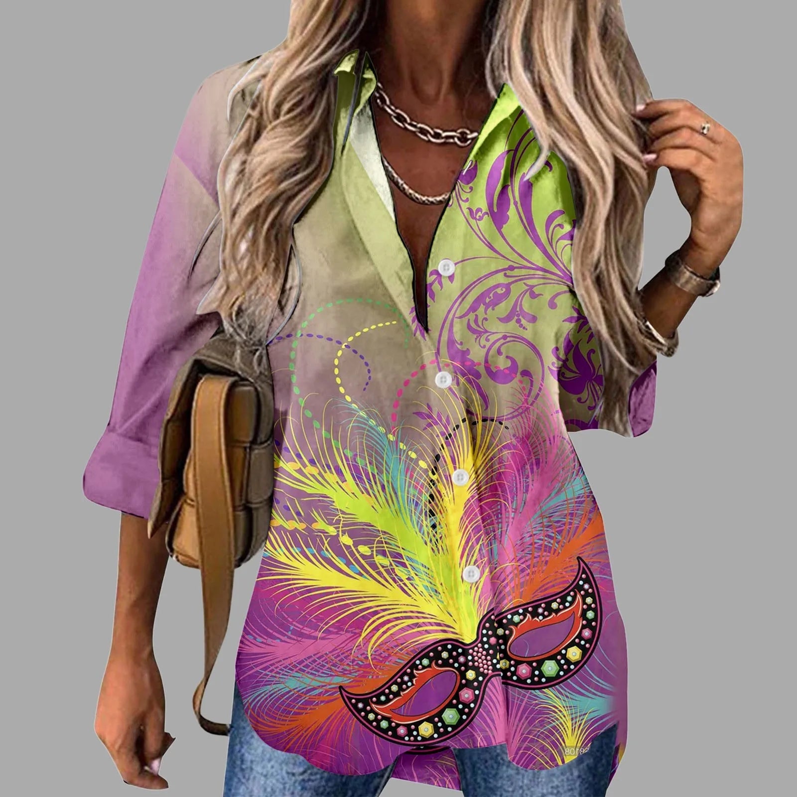 Mardi Gras Women V Neck Shirts Button Long Sleeve Carnival Print Tops Female Blouses Loose Holiday Party Shirt Streetwear FitiqueFit