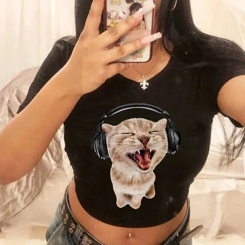 Women's T-shirt with cat pattern top and shorts cut Ulzzang T-shirt 90s Gothic women's T-shirt FitiqueFit