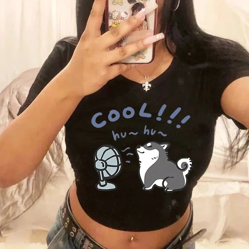 Women's T-shirt with cat pattern top and shorts cut Ulzzang T-shirt 90s Gothic women's T-shirt FitiqueFit
