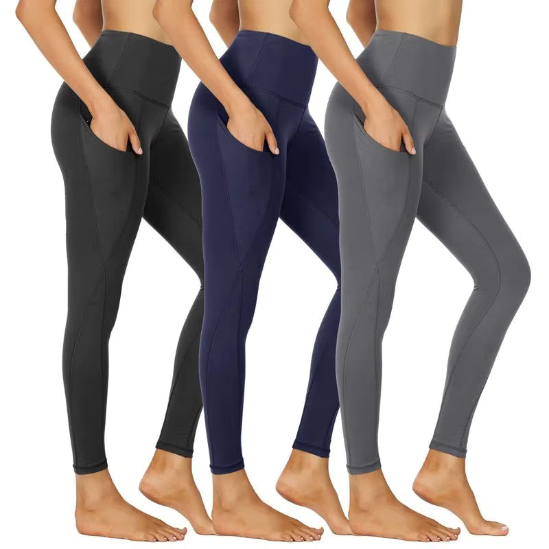 3-Pack High-Waisted Cropped Yoga Pants with Slanted Pockets 