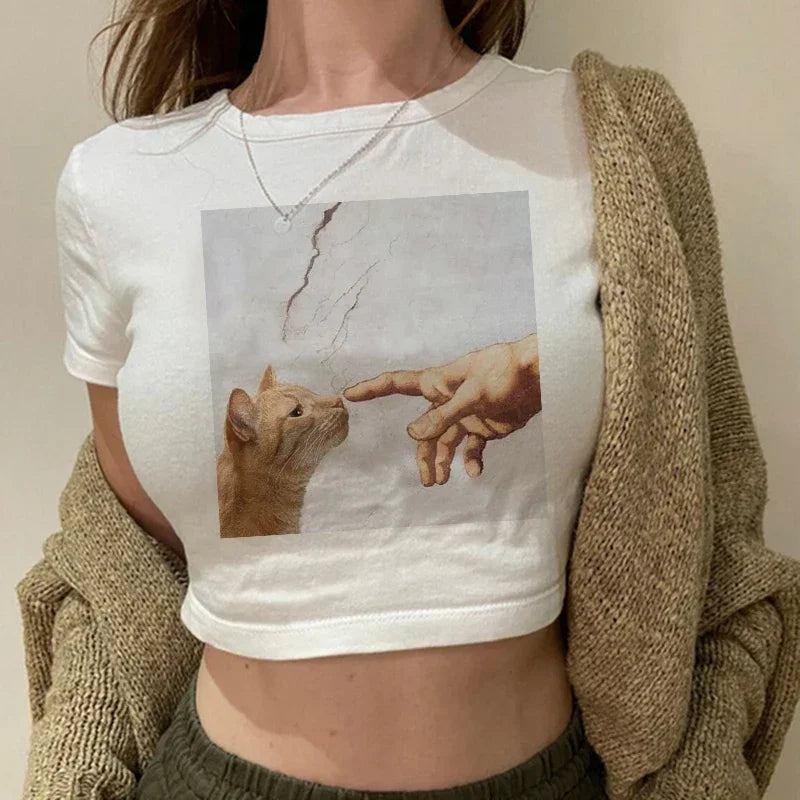 Women's T-shirt with cat pattern top and shorts cut Ulzzang T-shirt 90s Gothic women's T-shirt FitiqueFit