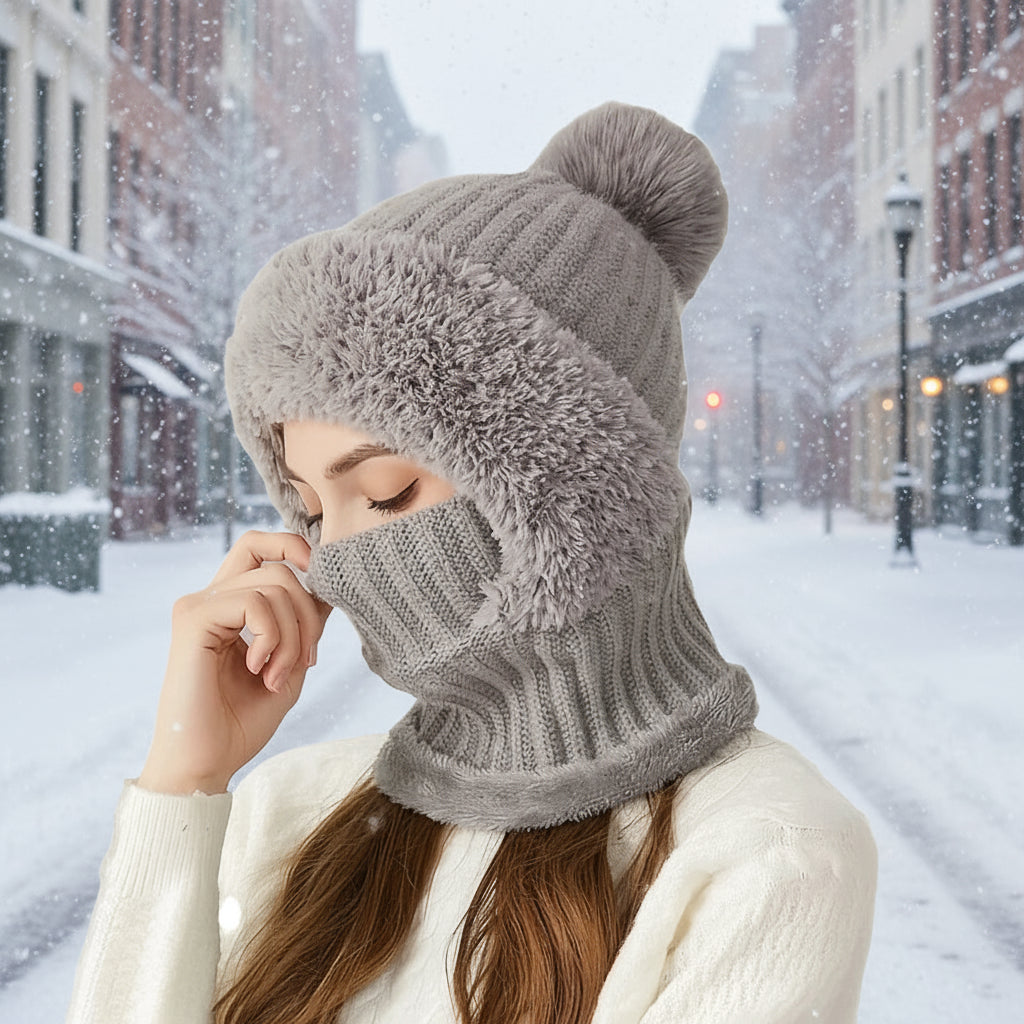 1pc Winter Lined Knit Hat with Earflap, Windproof and Warm Hooded Neck Gaiter for Outdoor Cycling, Warm Hat, Christmas Hats FitiqueFit