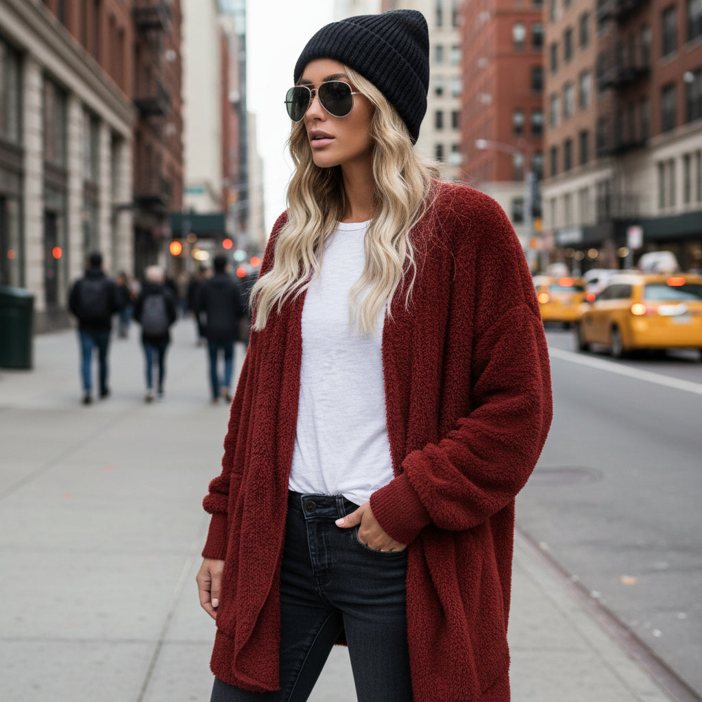 Autumn Winter Double Fleece Cardigan Jacket Women Solid Color Long Sleeve Plush Warm Hooded Lady Jacket Oversized Outerwear Coat 