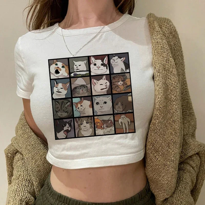 Women's T-shirt with cat pattern top and shorts cut Ulzzang T-shirt 90s Gothic women's T-shirt FitiqueFit