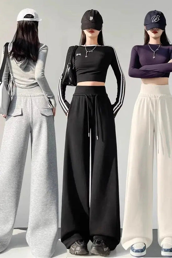 Women's gray sports high waist hanging loose slimming straight leg wide leg pants American sweatpants. 