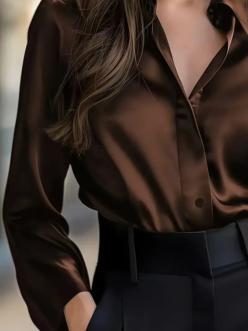 2025 Spring and Autumn Women's Lapel Shirt Brown Button Cardigan Top Black Elegant Fashion Office Basic Blouses for Female 