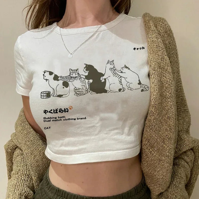 Women's T-shirt with cat pattern top and shorts cut Ulzzang T-shirt 90s Gothic women's T-shirt FitiqueFit