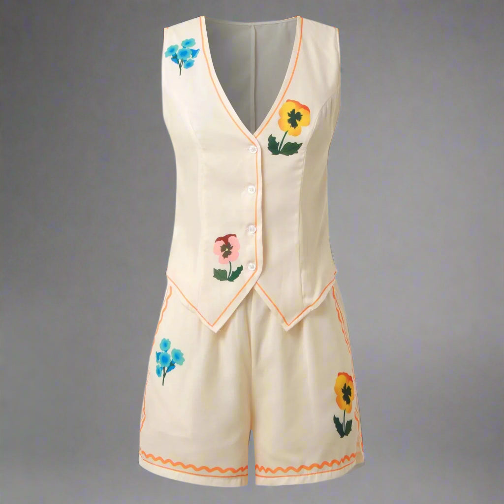 Vintage 2025 Summer Short Sets Floral Embroidery Woman 2 Piece Outfits V Neck Sleeveless Buttons Vest Top + Short Pants Suit FitiqueFit