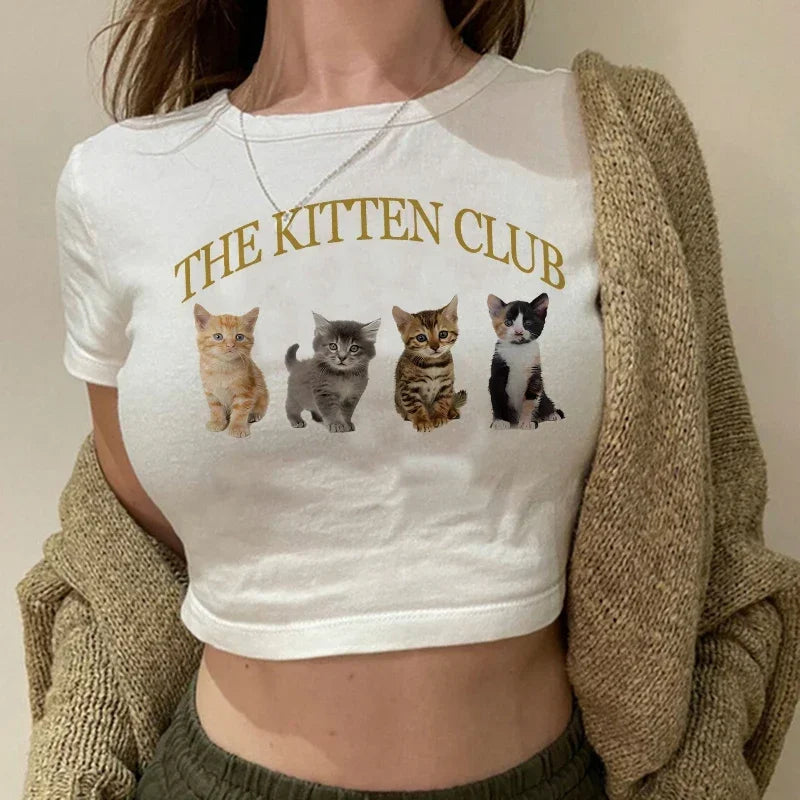 Women's T-shirt with cat pattern top and shorts cut Ulzzang T-shirt 90s Gothic women's T-shirt FitiqueFit