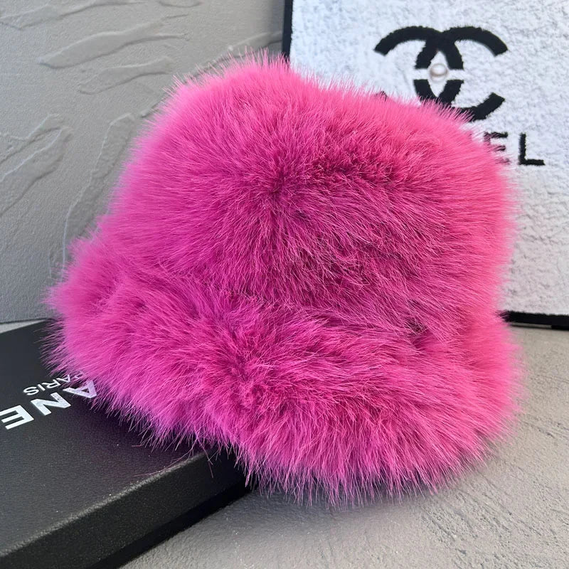 2025 Fluffy Faux Fur Bucket Hats Women Faux Fox Warm Thick Plush Winter Hat Lady Fashion Luxury Panama Furry Fisherman Cap Y2k 