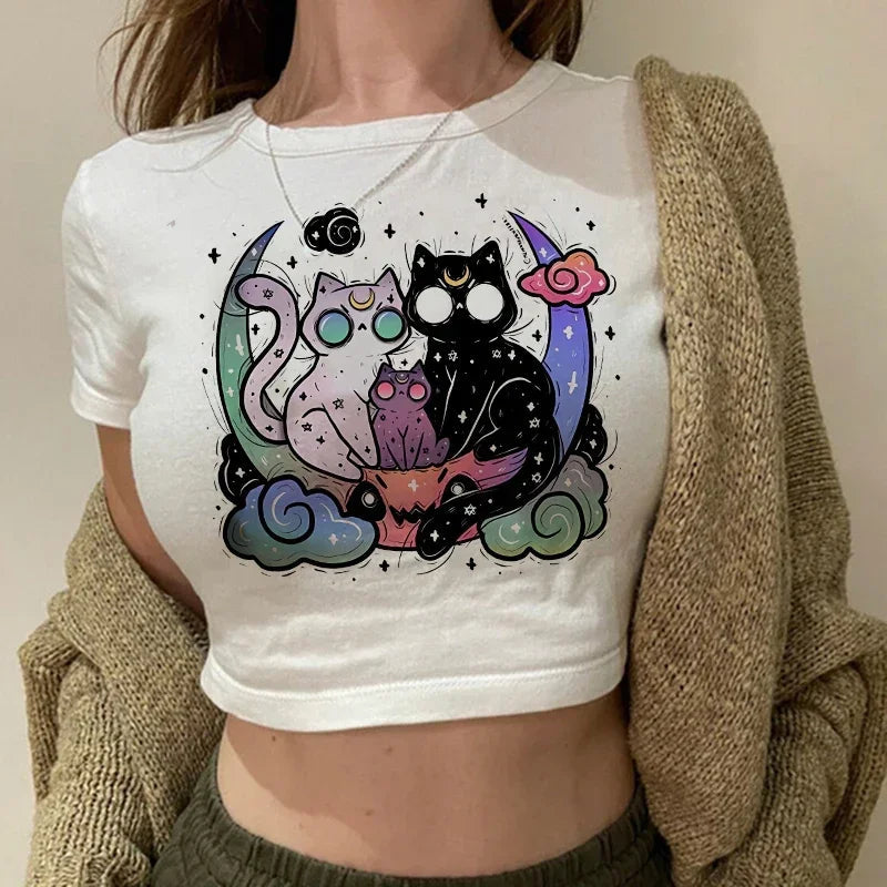 Women's T-shirt with cat pattern top and shorts cut Ulzzang T-shirt 90s Gothic women's T-shirt FitiqueFit